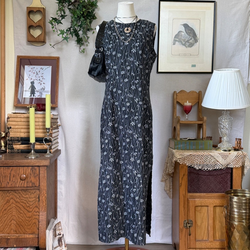 Black Floral Linen Maxi Dress Cottagecore Vintage 90s 8 Side Slits Whimsygoth